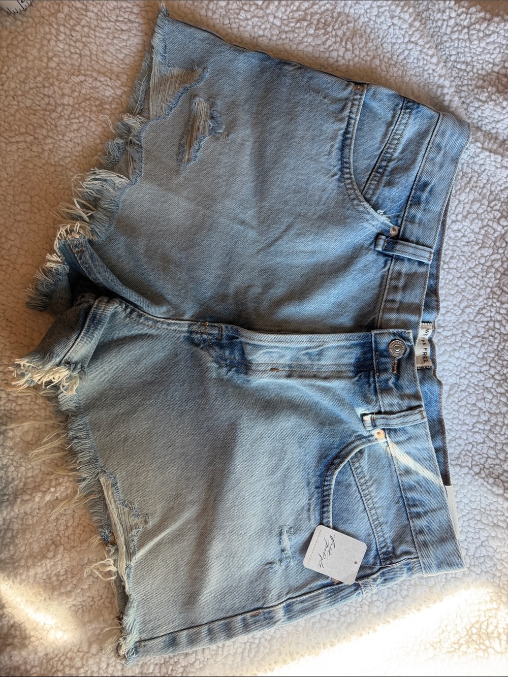 Free People Light Wash Frayed Hem Denim Shorts